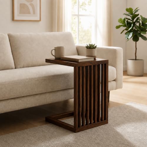 Image of Solid Sheesham Wood C Shape Side Table for Living Room | Modern Sofa End Table | Wooden Laptop Table for Bed | Coffee & Snack Table | Bedside End Table | Walnut Brown Finish