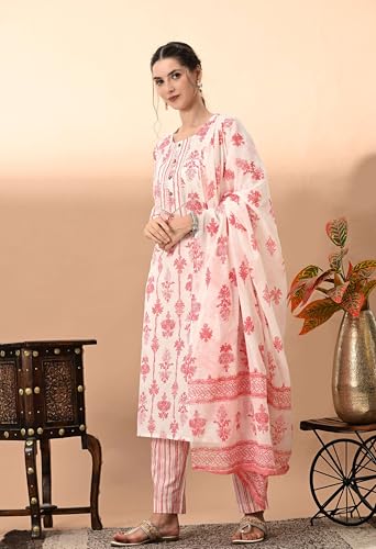 Image of Amazon Brand - Tavasya Women Cotton Anarkali Kurta Pant Dupatta Set | Printed Ethnic Suit Set | Flared Anarkali Kurta with Pant & Dupatta | Festive & Casual Wear