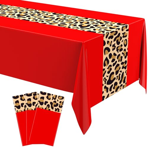 Image of Buryeah Leopard Print Tablecloth 54 x 108'' Leopard Plastic Table Cover Disposable Safari Animal Cheetah Print Party Decorations for Baby Shower Wedding Birthday Party Favors(Red,3 Pcs)