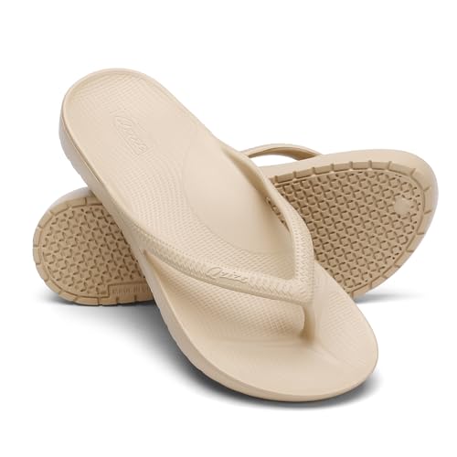 Qzize Women's Flip Flops with Comfortable Arch Support Cushion Sandals Fashion Summer Beach Travel Walking Thong Sandles Khaki Size 7