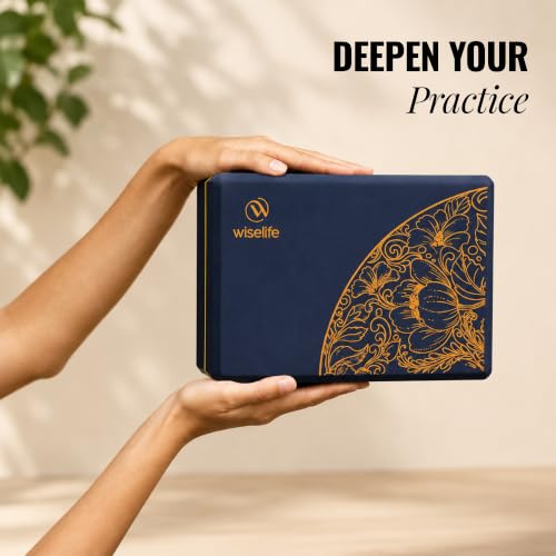 Image of WiseLife Printed Yoga Blocks | Yoga Brick (Pack of 2, Extra Large Size), High-Density EVA Foam Soft Surface for Balance, Support & Performance, Strength Training Exercise (Navy Blue)