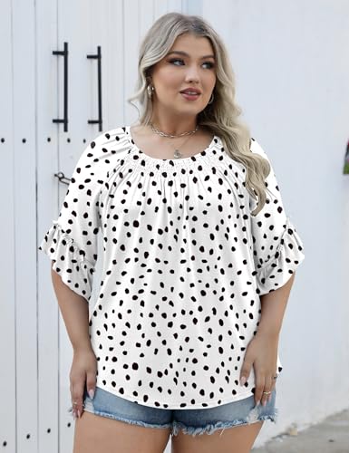 Image of Micoson Womens Plus Size Tops 3 /4 Ruffle Sleeve Crewneck Pleated Shirts