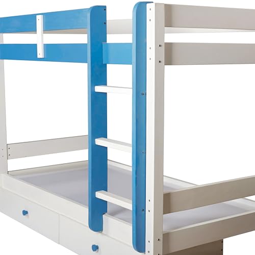 Image of KIDOMATE Mandarin Solid Wood Bunk Bed for Kids with Underbed Storage & Toy Rack | Space-Saving Twin Bed with Guard Rails, Ladder, Safety Design for Boys & Girls Bedroom (Blue, Single Over Single)