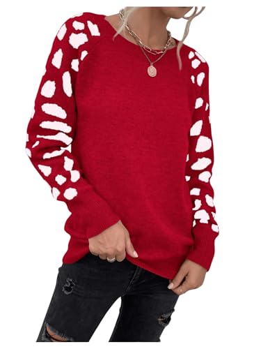 MakeMeChic Women's Leopard Pattern Sweater Long Sleeve Round Neck Knitted Pullover Tops