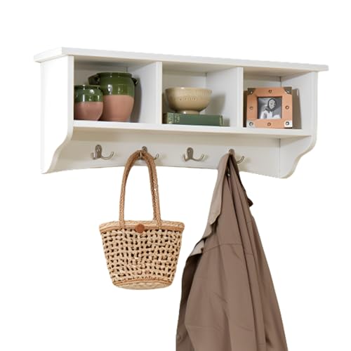 Shaker Cottage 36-Inch Wall-Mounted Coat Rack with 3 Open Shelves Transitional Entryway Organizer, Mudroom Storage Shelf with 4 Hooks Space-Saving Wall Storage by Alaterre Furniture (Ivory)