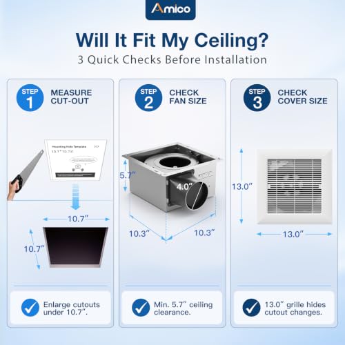 Amico Ventilador de extracción para baño, 1.5 sones, 160 CFM, sin necesidad de acceso a ático, ventilación con rejilla moderna para techo, conducto de 4 pulgadas, abertura en techo de 10.7'' x 10.7'', certificado ETL y FCC miniatura 2