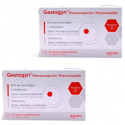 Gynea Gestagyn Preconcepción - Pack Ahorro 2 x 30 Cápsulas - Con DHA, Ácido Fólico, Hierro, Zinc, Vitaminas B6 y D - Sin Gluten