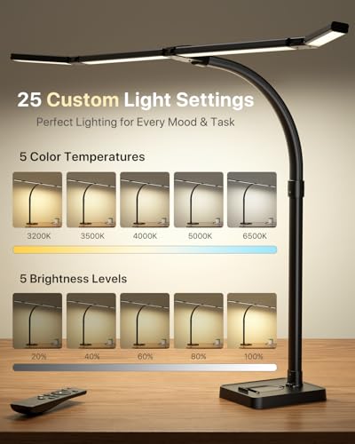 Image of ONEMIX LED Desk Lamp with Base, 42-Inch 4-Panel Light for Dual Monitors | 1800 Lumens, 4 Adjustable Panels, 5 Color Temps, 5 Brightness Levels, Remote, Timer, Flicker-Free for Home Office
