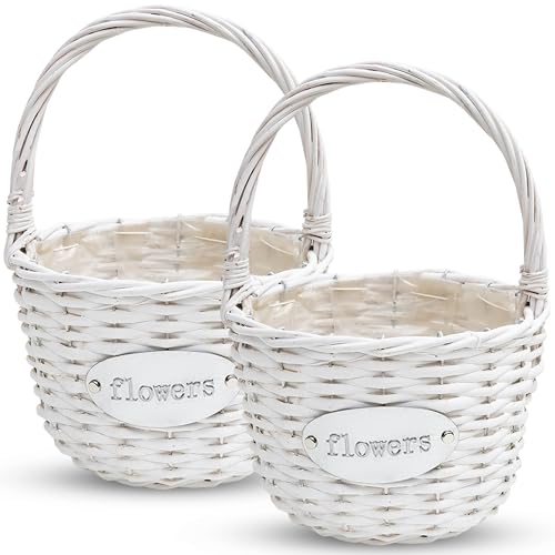 DI BRAIES Flower Girl Basket (Set of 2) | Handcrafted Natural Wicker Flower Baskets for Flower Girl - Premium Wedding Basket with Water Resistant Liner - Perfect for Weddings, Parties & Home Décor