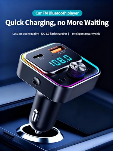Image of TISONNY Car Bluetooth 5.3 FM Transmitter for Old Cars, 30W PD & 18W QC3.0 Fast Charger, Hands-Free Calling, Voice Assistant, LED Light