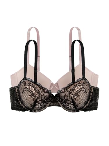 Dorina Set Reggiseni Chloe, Reggiseni Lightly Padded Con Ferretto, In Pizzo Floreale E Morbido Tessuto Micro, Spalline Regolabili, Nero E Rosa Cipria - 3