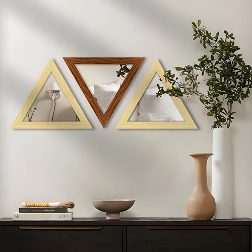 Image of Art Street Acrylic Triangle Decorative Wall Mirror Set of 3 Triangle Shape Mirror for Home Decoration, (9x9 Inch, Brown, Beige)
