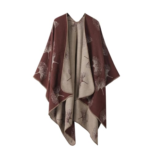 CORIRESHA Women's Winter Ginkgo Leaf Poncho Sweater Open Front Wraps Shawls for Travel
