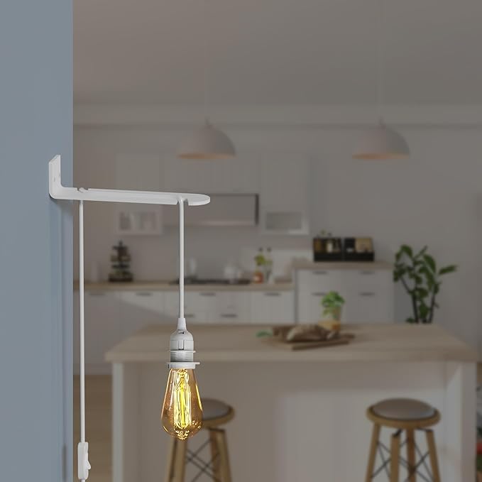 2m PVC Cable kit Plug-In Pendant Light with ON/OFF Switch E27 E14 Lamp Set LEDSone Vintage Plug-in Pendant Light Metal with Bracket Wall Mounted Light for Living Room (2m White with Bracket)