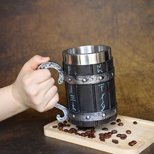 Ottalent Norse Viking Oak Wooden Beer Mug Stein With Stainless Steel Liner,Nordic Viking Runes Tankard Coffee Cup For Men Father’s Day Gift 17Oz. #TOP2