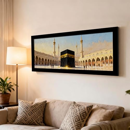 Image of PAINTINGMANTRA Makka Madina Kaaba Islamic Arabic Wall Art Framed Luxury Paintings for Home Decoration, Living room, Bedroom and Office Decoration (99x38 CM)