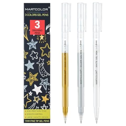 MARTCOLOR Gold Silver White Gel Pens, 1mm Fine Point Gel Ink Pen Opaque Archival Ink Pens for Black Paper Drawing, Sketching, Illustration, Card Making, Bullet Journaling, 3 Pack Cover
