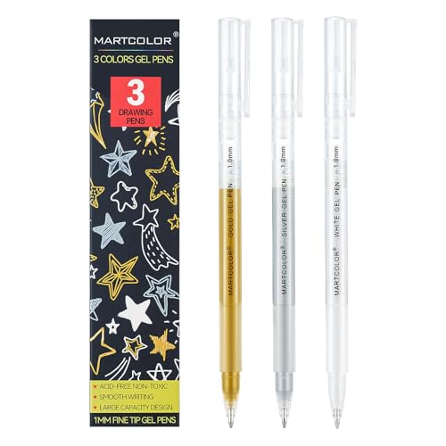 MARTCOLOR Gold Silver White Gel Pens, 1mm Fine Point Gel Ink Pen Opaque Archival Ink Pens for Black...