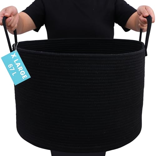 Image of OrganiHaus Large Woven Storage Basket for Blankets and Toys 20" x 13" Inch, Rope Laundry Basket with Handles, Cushions & Pillows Storage Bin, Nursery Hamper, Soft Round Dog Toy Bin - Black