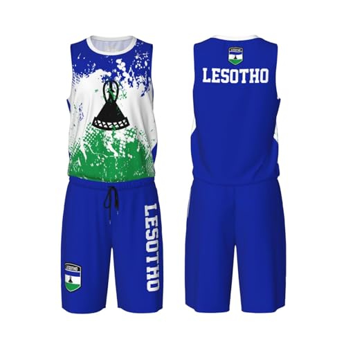 Lesotho Flag Grain Basketball Jersey Uniform Suit for Men Adults Training Athletic Set
