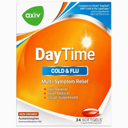 AXIV Daytime Multi-Symptom Daytime Cold and Flu Relief Softgels Non-Drowsy Cold Medicine Relief of Pain Sore Throat Minor Aches and Pains Fever Cough 24 Count