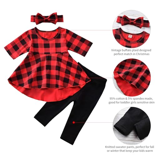 Image of Toddler Baby Girls-Fall-Clothes-Set Little Girls Floral Plaid Highlow Tunic Tops+Leggings Outfits Boutique Clothing