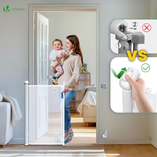 VOUNOT Treppenschutzgitter Türschutzgitter Ausziehbar 0-180CM, Kinderschutzgitter Absperrgitter Baby, Schutzgitter Treppe, Treppenschutzrollo für Kinder, Katzen und Hunde, Weiß