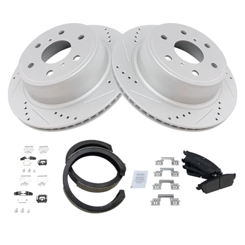 Image of TRQ Performance Rear Brake Pad and Rotor Set Semi Metallic G Coated Rotors Compatible with 2007-2010 Cadillac Escalade 2007-2013 Chevrolet Avalanche GMC Sierra 1500