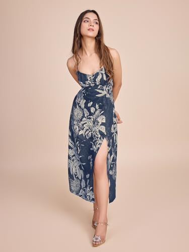 Image of Women Pure Cotton Printed A-Line Dress | Floral Summer Midi Dress | Casual Office Wear Lightweight Dress for Women (D207)