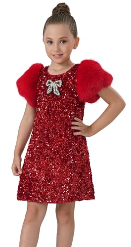 2Bunnies Girls Velvet Sequin Shimmer Sparkle Feather Faux Fur Birthday Christmas New Year Holiday Party Dress