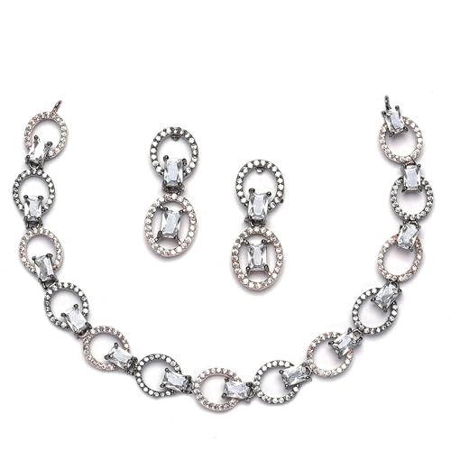 Image of ZENEME Rhodium-Plated American Diamond Studded Disc-Shaped Necklace With Earrings Jewellery Set For Girls and Women
