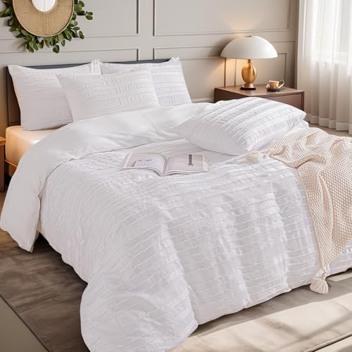 Image of NEXHOME PRO Duvet Cover, White 3 Pieces Boho Tufted Duvet Cover Set, Soft and Lightweight 100% Washed Microfiber Comforter Cover Set for All Season(White Cal King, 104 x 98)-No Comforter
