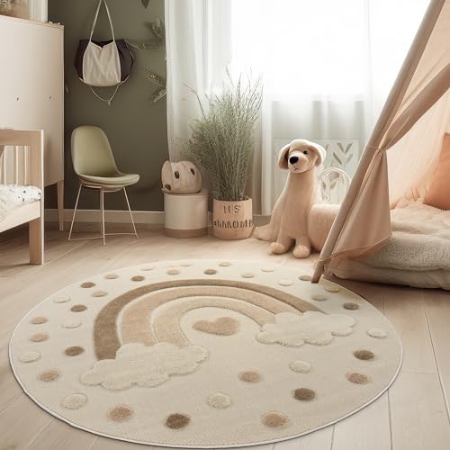Paco Home Alfombra para habitación Infantil Efecto 3D Alfombra Resistente Tonos Naturales Diseño arcoíris, tamaño:Ø 120...