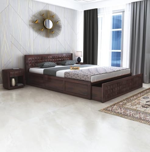 Image of Ganpati Arts Solid Sheesham Wood Diamond King Size Bed with Half Box and Front Opening Trolly Storage for Home | Wooden Double Bed for Living Room Bedroom (Walnut Finish) 1 Year Warranty