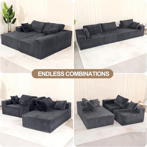 Image of L Shaped Modular Boneless Sectional Couches for Living Room, Wide Armrest, Deep Seat, Memory Foam, Assembly Free, Modern Comfy Corduroy Fluffy Cloud Sofa with Left Chaise, Grey