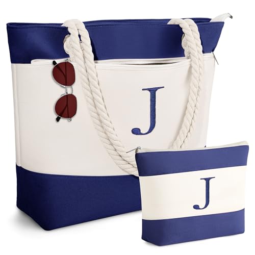 YOOLIFE Travel Tote Bag for Women - Monogram Beach Bags with Zipper Makeup Bag Travel Essentials Personalized Birthday Gifts for Women Her Wife Girlfriend Mom Friend Bridal Shower Bridesmaid Gifts J