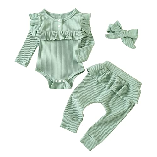 Image of Newborn Baby Girls Clothes Rib Solid Color Green Frill Long Sleeve Romper Ruffle Pants Headband Cute Outfits Sets 0-3 Months