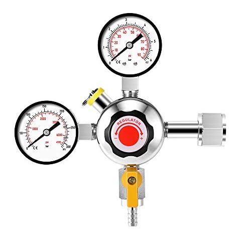 Beer KEG Regulator, CO2 Regulator Dual Gauge, W21.8 Adapter, 0-4500PSI Tanks Pressure, 0-90PSI Working Pressure, CO2 Reducer for Draft Beer Homebrew, Safety Pressure Relief Valve 50PSI Cover