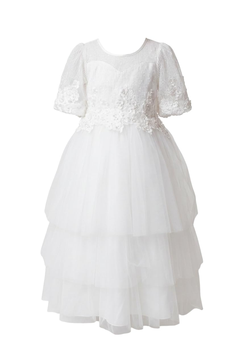 Abito da Prima Comunione Avorio per Bambina con Maniche in Pizzo e Gonna a Balze in Tulle Floreale, età 2-10 Anni