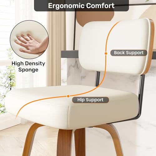 Image of Swivel Bar Stools Set of 2, 26 inch Upholstered Faux Leather Counter Height Barstools with Walnut Back & Bentwood Legs, Mid Century Modern Bar Chairs Island Stools for Kitchen Counter, Cream White