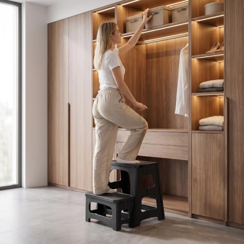 Image of 2 Step Stool Foldable, Non-Slip Steps, Folding Step Stool for Adults, Plastic Stool Pool Ladder, Collapsible Stools 2 Step Ladder for Kitchen Toilet Bedroom Office RV, Holds 330 lbs
