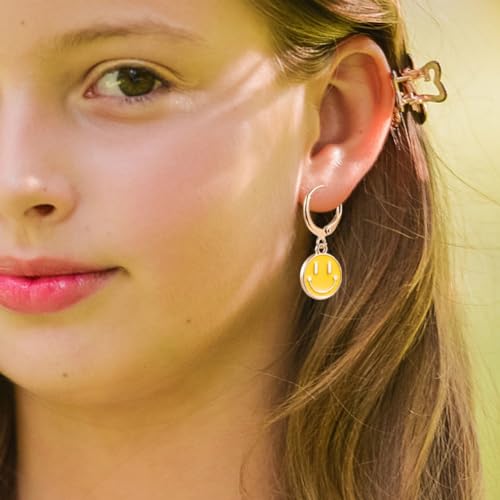 Image of Smiley Face Earrings Huggie Hoop Y2K Preppy Happy Lightning Bolt Heart Star Small Dangle Colorful Gold White Red Pink Yellow Blue Jewelry