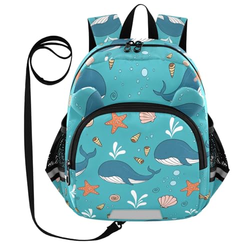 Whale Starfish Shells Toddler Harness Backpack for Boys Girls 3-6 Years Kids Backpack with Anti Lost Safety Leash Baby Harness Bookbag for Travel Walking Preschool