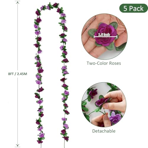 KHOYIME 5 Pack 40 FT Artificial Flower Garland, Fake Purple Roses Vines Silk Flowers Faux Plastic Outdoor Hanging Floral Ivy Garland Decoration for Wedding Arch Bedroom Home Wall B image 3