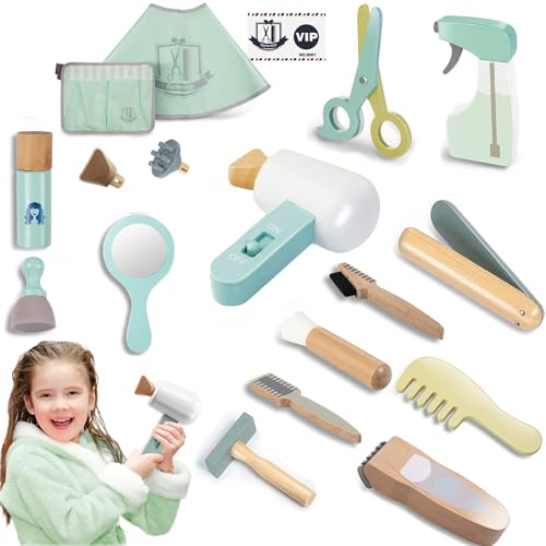 Image of Hair Salon Kids Playset, Wooden Pretend Play 18-Piece Hair Salon Toy for Girls Boys with Hair Dryer/ Mirror/ Stylist Accessories, Birthday Gift for Aged 3 4 5 6 7 8