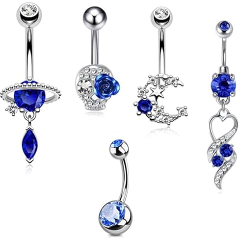 WOWOHE Silver Bar Blue Gems Dangle 14g Belly Button Navel Ring Body Piercing Jewelry 5PCS/set Cover