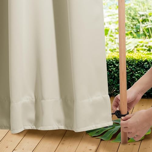 NICETOWN 2 Panels Outdoor Curtains for Patio Waterproof & Windproof, Grommet & Back Tab on Top & Bottom Weighted Drapes Keep Sun/Rain Out with Bouns Rope for Deck, Beige, W84 x L108 Light Be