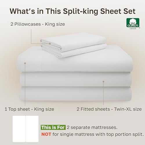 Image of California Design Den 100% Cotton Split King Sheets Sets for Adjustable Bed - 600 Thread Count Sateen Bed Sheet Cotton Set, Deep Pockets, All Around Elastic, Durable Bedding - Antique Ivory Mist