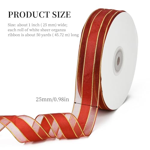 CABODYALS 45.72M 25mm Burgundy Organza Ribbon Gold Edge Red Sheer Transparent Trim Clear Soft Smooth Fabric Mesh Voile Chiffon Ribbons With Spool for Making Bow Gift Wrapping Hair Braid Wedding DIY - Image 2