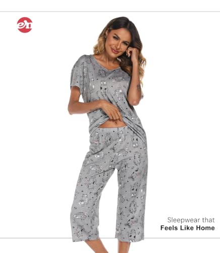 Image of ENJOYNIGHT Womens Pajama Sets Cotton Pj Set Short Sleeve Top With Capri Pants Sleepwear 2 Piece Lounge Set